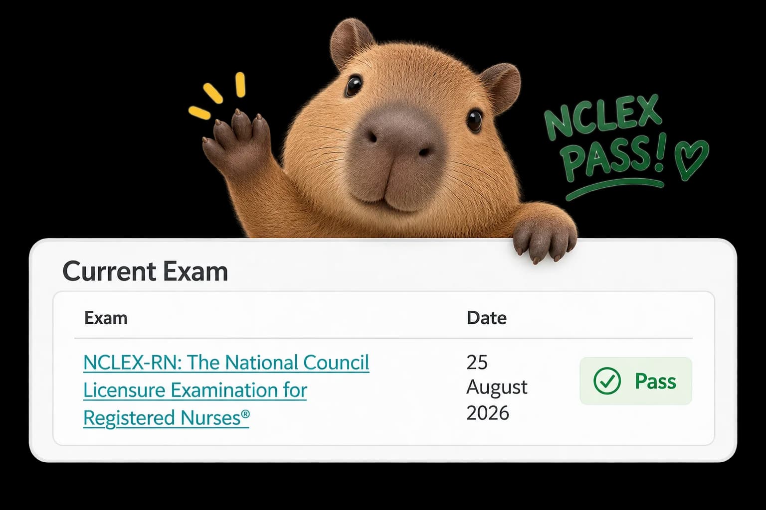 Capy holding up an exam record for the NCLEX-RN on 25 August 2026, marked Pass.